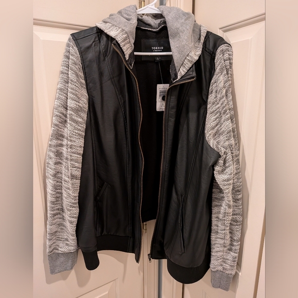 Torrid Black Leather Jacket with Gray Knit Sleeves - Picture 3 of 3